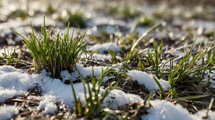 Close-up macro shot of vibrant green grass sprouts pushing through a layer of white snow, a symbol of new beginnings, hope, and the changing seasons from winter to spring