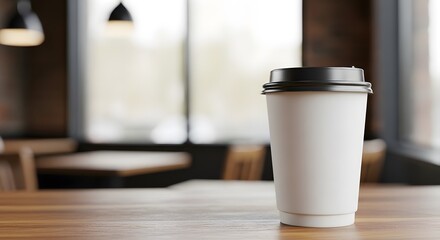 A white paper coffee cup with a black lid rests on a wooden table inside a cozy, modern cafe with a blurred background.