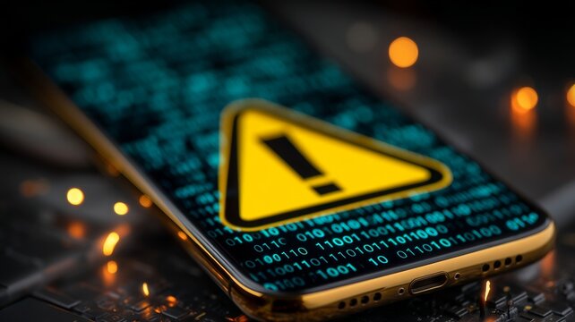 A smartphone lies upside down displaying binary code on its screen,