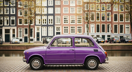 Vintage charm purple car gleams against backdrop Amsterdam canal houses serene cityscape
