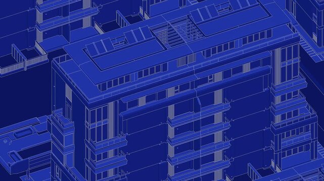 Animation of a Generic Apartment Building with solar panels on top, Seamless Looped Animation, 3D Blueprint Linework rendering