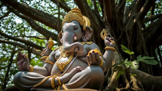 A serene statue of lord ganesha, the hindu god of wisdom and prosperity, sitting in a meditative pose under a banyan tree, radiating spirituality and peace