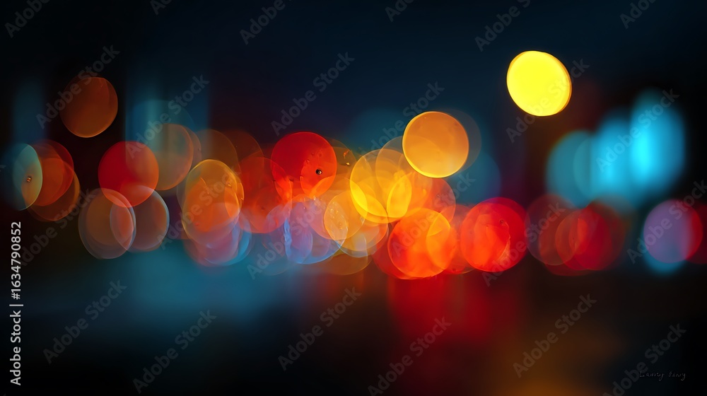 Poster abstract image of colorful blurred lights with bokeh effect at night in a dark background