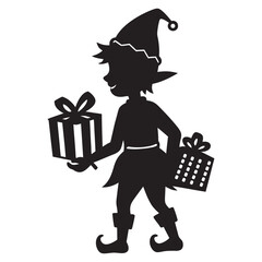 Charming silhouette of an elf holding a stack of festive christmas gifts perfect for holiday designs
