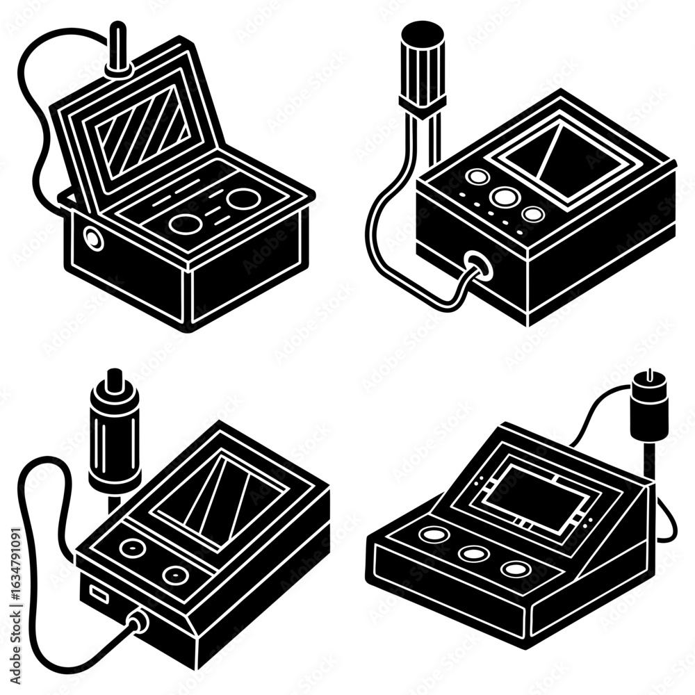 Poster isometric view of four different vintage electrical testing devices in black and white design style