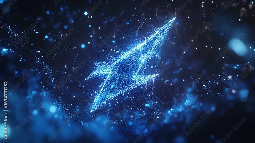 Poster a digital lightning bolt surrounded by glowing particles and connected network lines on a dark backg