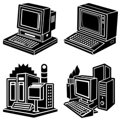 Fototapeta premium Illustration of four different retro computer setups with keyboards and monitors in black and white