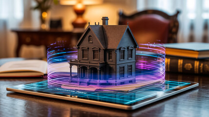 Augmented Reality Real Estate Technology Concept with 3D Smart Home Hologram Projected from Digital Tablet on Desk, Representing Future of Property Visualization and Virtual Architecture