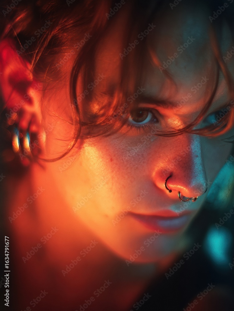 Poster portrait of a person with piercings in ambient light showcasing emotions and unique features during 