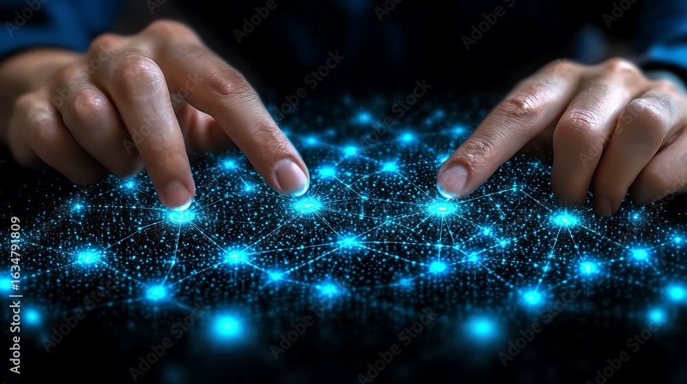Poster hands interacting with a network visualization.