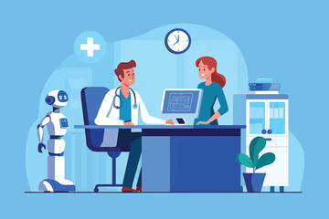 Doctor and patient in a futuristic clinic with a medical robot assistant vector illustration.
