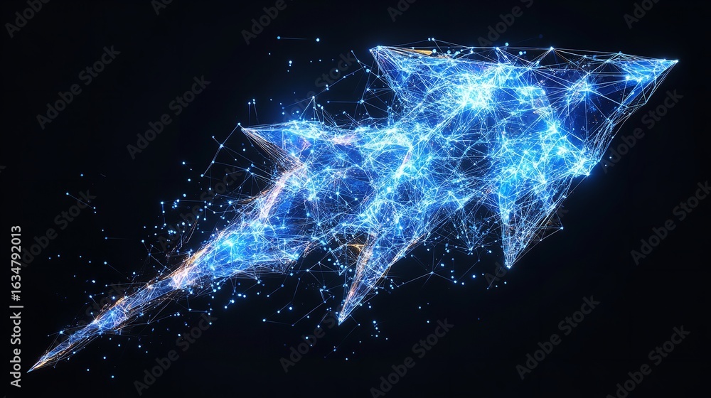 Poster a glowing blue arrow made of interconnected lines and points on a dark background showing technology
