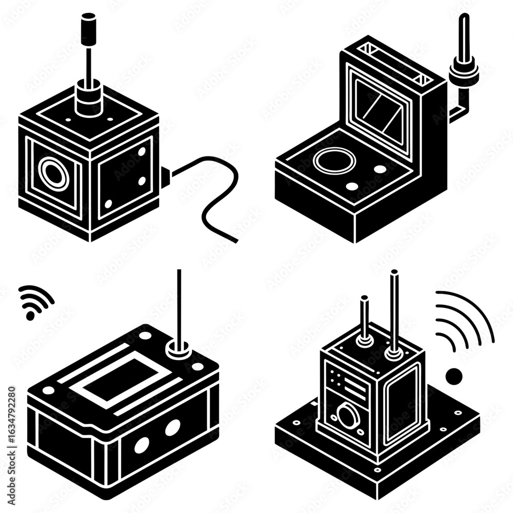 Aufkleber isometric view of four black and white devices with antennas and various features in a grid layout