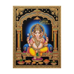 Lord Ganesha seated in ornate archway with offerings for Ganesh Chaturthi Hindu deity