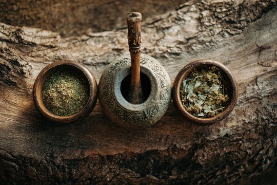 Rustic wooden bowls hold dried herbs beside a carved gourd mate vessel with a bamboo bombilla on a weathered wood surface