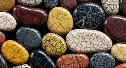 Naklejka premium Close Up View of Many Smooth Polished Stones with Unique Crack Patterns
