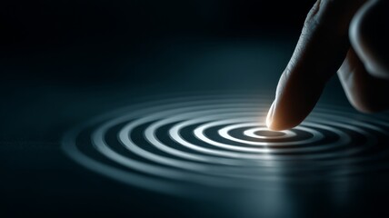A close-up of a finger gently touching water, creating concentric ripples with a soft glow,