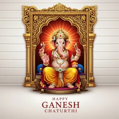 Lord Ganesha seated in ornate golden shrine for Ganesh Chaturthi celebration Hindu god