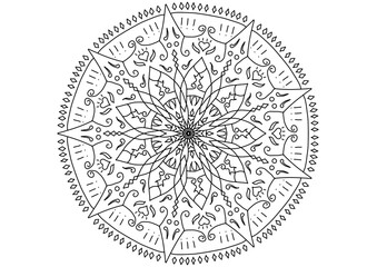 Hand-drawn Mandala Flower with Boho Peace Symbol, Black and White Line Art