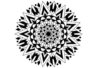 Hand-drawn Mandala Flower with Boho Peace Symbol, Black and White Line Art
