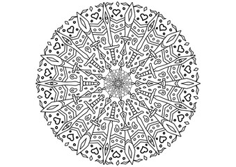 Hand-drawn Mandala Flower with Boho Peace Symbol, Black and White Line Art