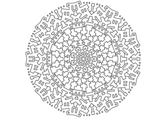 Hand-drawn Mandala Flower with Boho Peace Symbol, Black and White Line Art