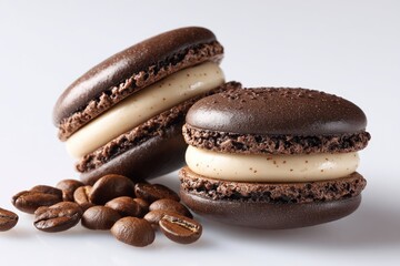 Two dark chocolate macarons with creamy filling, nestled beside a scattering of coffee beans on a white background