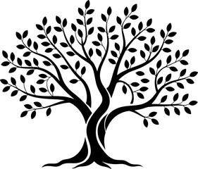 Obraz premium A striking black silhouette of a stylized tree featuring a robust, intertwined trunk and dense foliage.