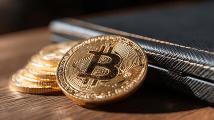 Golden Bitcoin coins arranged on a wooden surface with a wallet in the background,