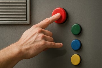 Hand pressing red control button on industrial panel with multicolored buttons
