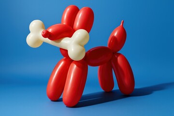 Red balloon dog holding white balloon bone on vibrant blue background
