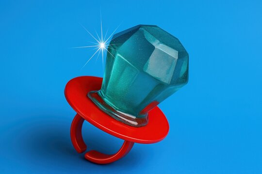 Shiny green ring pop candy on red base over vibrant blue background
