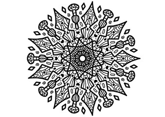 Hand-drawn Mandala Flower with Boho Peace Symbol, Black and White Line Art
