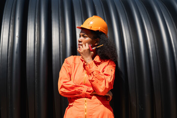 Engineers collaborate inside a massive steel pipe, constructing a tunnel for an industrial pipeline...