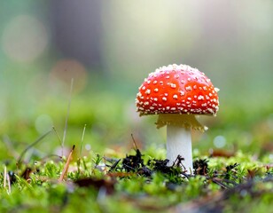 Macro Photograph of a Vibrant Red Mushroom on a Forest Floor