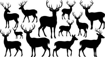 A diverse collection of black deer silhouettes, featuring various bucks with prominent antlers and smaller deer in different standing and walking poses.