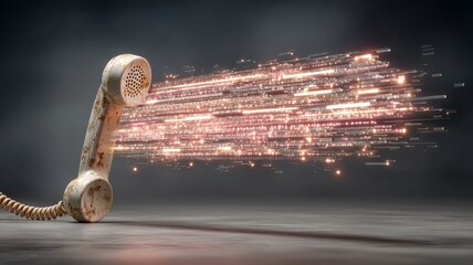 An old-fashioned rotary dial telephone emits a glowing algorithmic data stream,