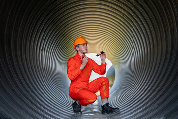 Engineers collaborate inside a massive steel pipe, constructing a tunnel for an industrial pipeline...
