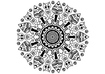 Hand-drawn Mandala Flower with Boho Peace Symbol, Black and White Line Art