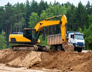 Obraz premium Excavator loading truck with dirt pile in forest