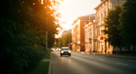 Blured cityscape featuring a car on a road amidst buildings and green trees bathed in golden