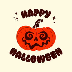 Happy Halloween greeting card with carved pumpkin. Retro-style іllustration for seasonal greeting cards, posters, banners, social media, and holiday decorations.