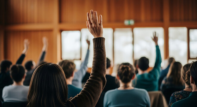 Engaged audience participating in interactive session with raised hands signaling queries or