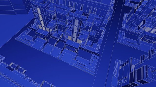 Animation of a Generic Apartment Building with solar panels on top, Seamless Looped Animation, 3D Blueprint Linework rendering