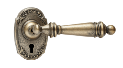 Home door with antique brass handle and key lock background isolated on a Transparent background, PNG file.