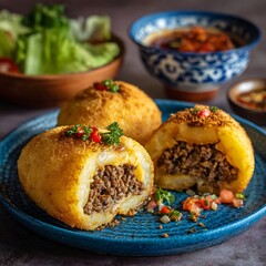 Delicious potato balls filled with savory meat on a vibrant blue plate display