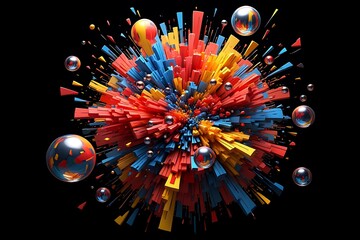 Abstract colorful explosion of geometric shapes and spheres on black background