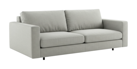 Modern light grey sofa with cushions and sleek design. Cut out PNG