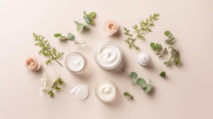 Skincare products in pastel tones arranged organically with soft diffused lighting from top-down view.