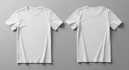 Front and back view of a plain white short-sleeved t-shirt mockup laid flat on a neutral gray background.